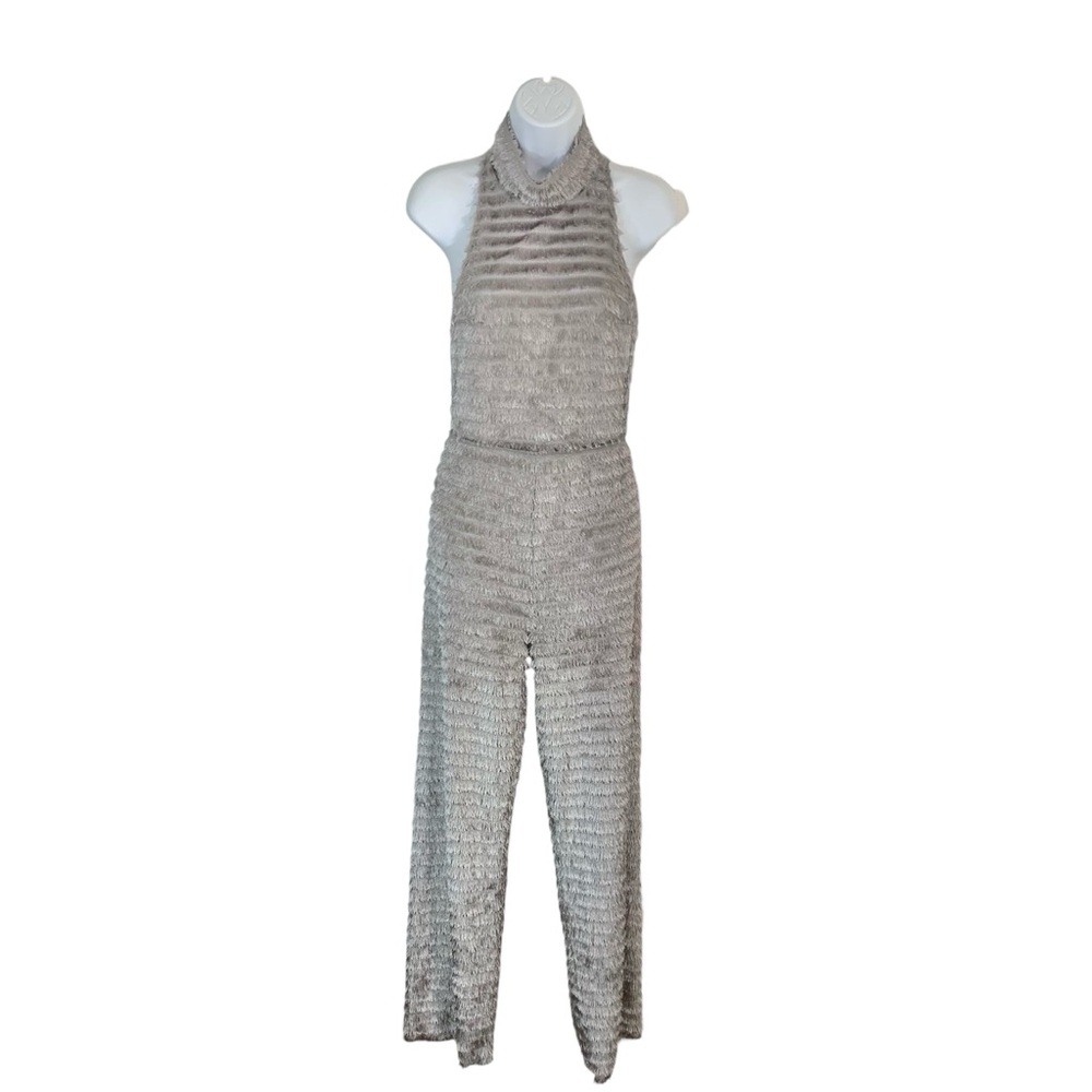 FUZZY Mock Neck T Back Silver Halter Jumpsuit Sz S